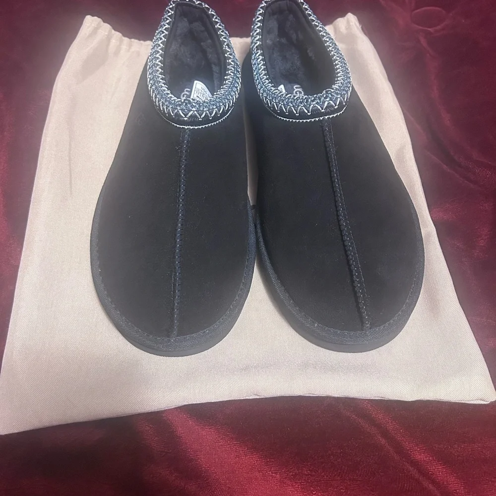UGG Black Suede Slip-On Slippers with Contrasting Stitch Trim